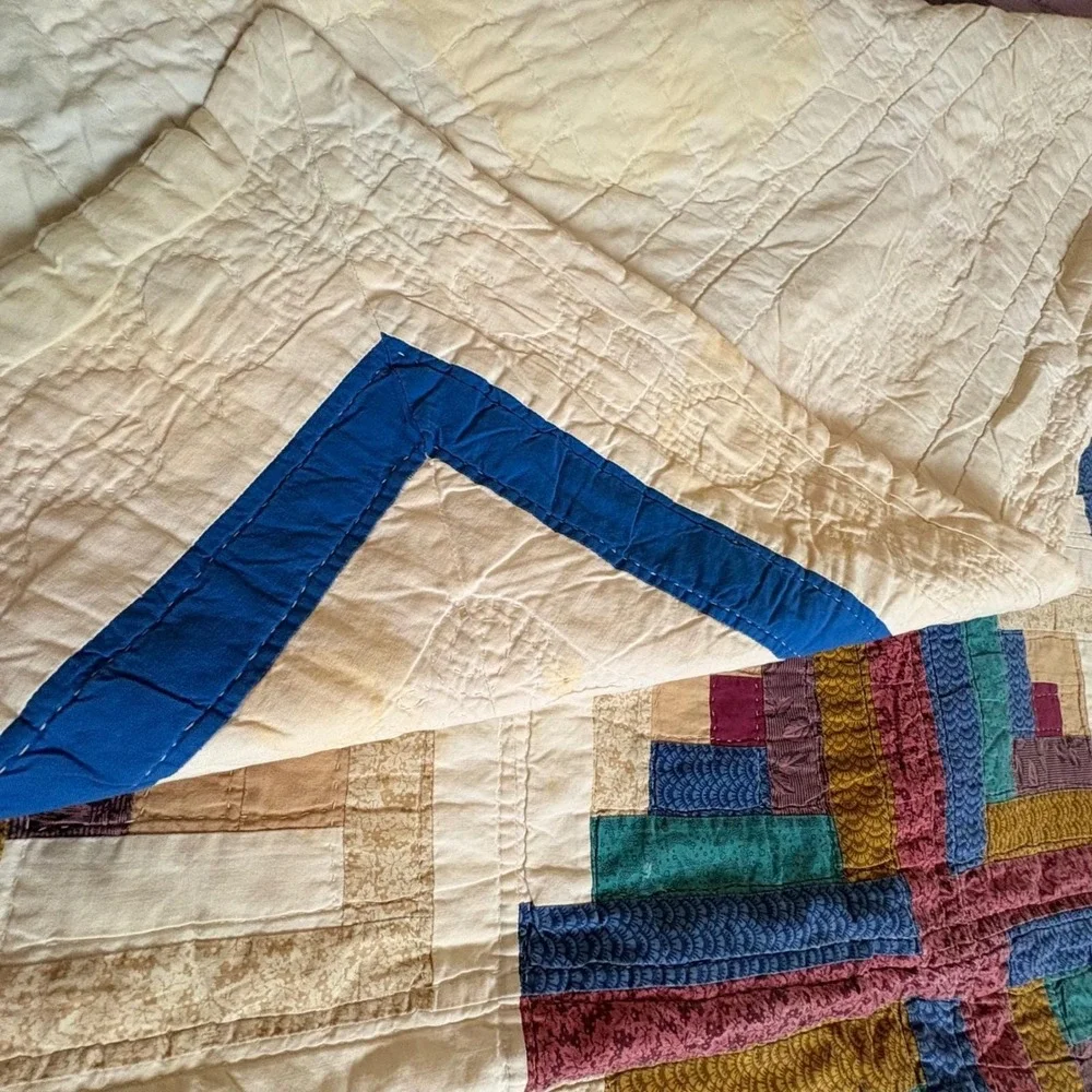Antique 1930s Log Cabin Quilt Full Size Handmade Barn Raising Pieced Backing